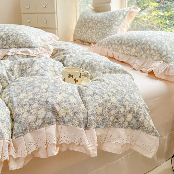 91家纺网 家纺一手货源 找家纺 晨晨家纺2025新款全棉双层花边双层纱四件套 韩式清新-灰