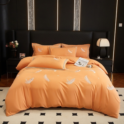 佳宇轩 2025爆款水洗棉五彩刺绣四件套简约轻奢织带绣花床单床笠被罩4件套-蜜羽 蜜羽-橘黄