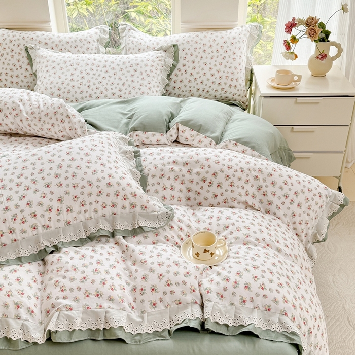 91家纺网 家纺一手货源 找家纺 晨晨家纺2025新款全棉双层花边双层纱四件套 花知晓