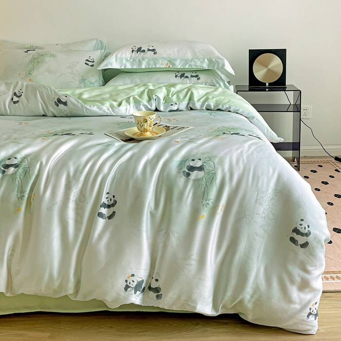 91家纺网 家纺一手货源 找家纺 棉生活家纺 2025新款天丝莱赛尔印花四件套 熊猫乐园