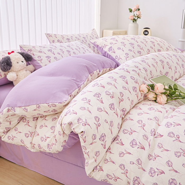 91家纺网 家纺一手货源 找家纺 蕾诺家纺 2025新款直播新款A类有氧提花云纱棉圆角吊边工艺四件套学生三件套 紫色郁金香