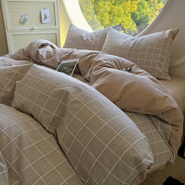 91家纺网 家纺一手货源 找家纺 田野 2025新款全棉水洗棉提花锦绣系列四件套 锦绣-卡其