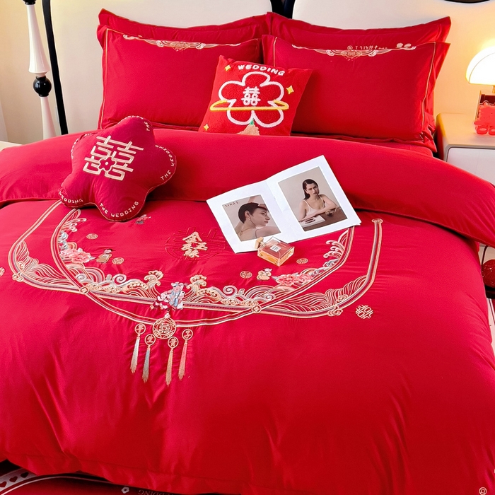 91家纺网 家纺一手货源 找家纺 2025新款100支150克双面长绒棉婚庆绣花四件套 福禄喜财