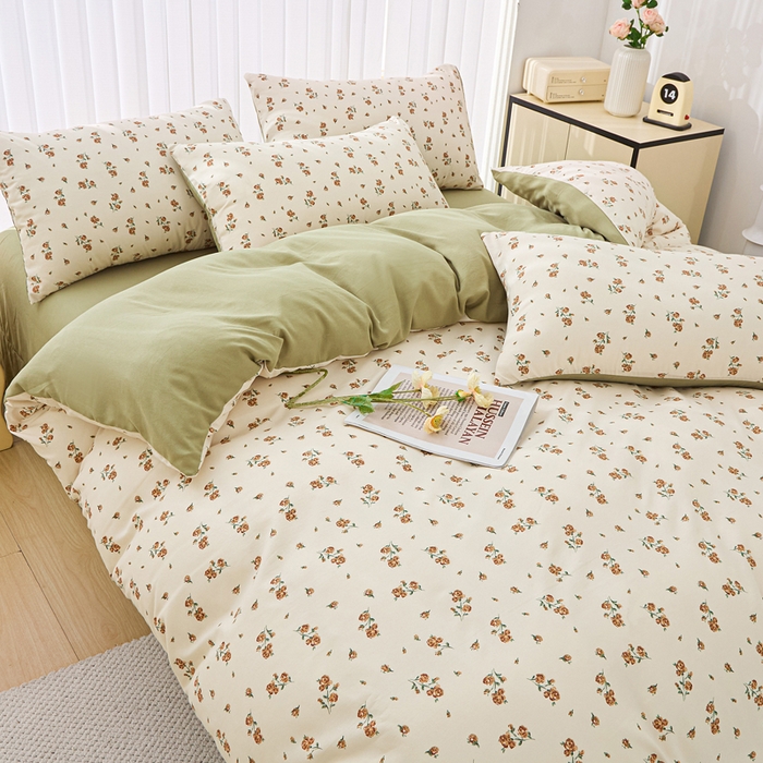 91家纺网 家纺一手货源 找家纺 蕾诺家纺 2025新款直播新款A类有氧提花云纱棉圆角吊边工艺四件套学生三件套 绿茵