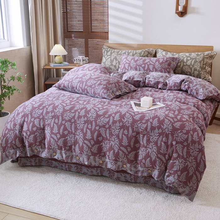 91家纺网 家纺一手货源 找家纺 2025新款全棉色织双层纱纽扣款四件套 扶苏-豆沙