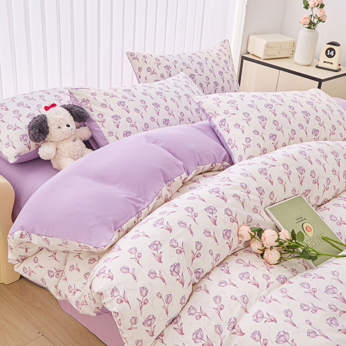 91家纺网 家纺一手货源 找家纺 蕾诺家纺 2025新款直播新款A类有氧提花云纱棉圆角吊边工艺四件套学生三件套 紫色郁金香