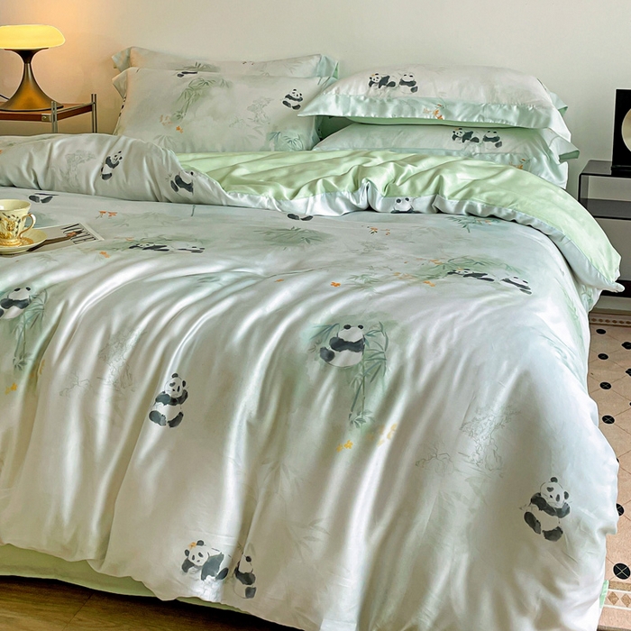91家纺网 家纺一手货源 找家纺 棉生活家纺 2025新款天丝莱赛尔印花四件套 熊猫乐园