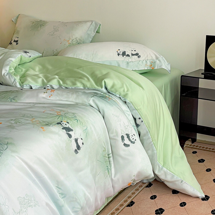 91家纺网 家纺一手货源 找家纺 棉生活家纺 2025新款天丝莱赛尔印花四件套 熊猫乐园