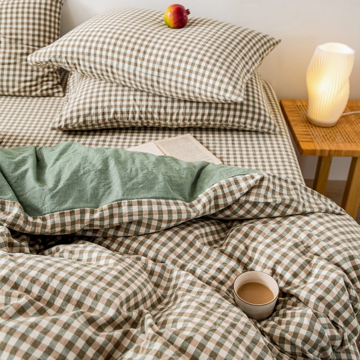 91家纺网 家纺一手货源 找家纺 2025新款A类色织水洗棉单被套 绿小格