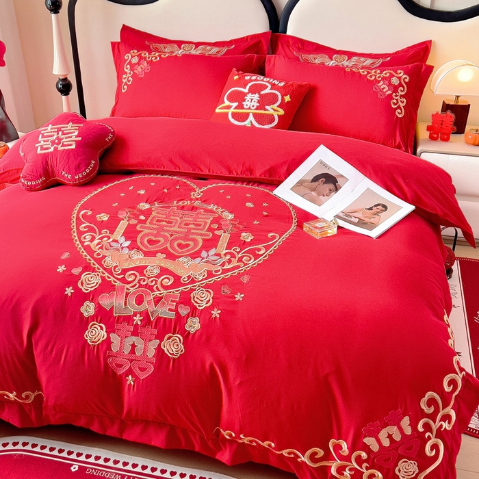 91家纺网 家纺一手货源 找家纺 2025新款100支150克双面长绒棉婚庆绣花四件套 喜韵佳缘