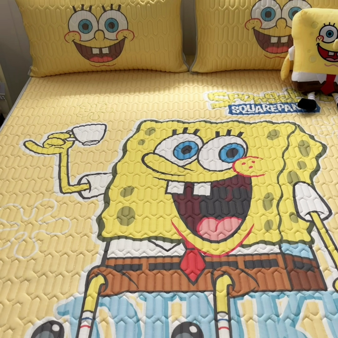 91家纺网 家纺一手货源 找家纺 金爱家 2025新款海绵宝宝乳胶凉席床席款凉席席子 床席款-咖啡海绵宝宝