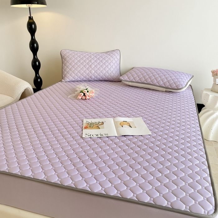 91家纺网 家纺一手货源 找家纺 2025新款加厚乳胶床笠款经典纯色夏被套件 方格-浅紫