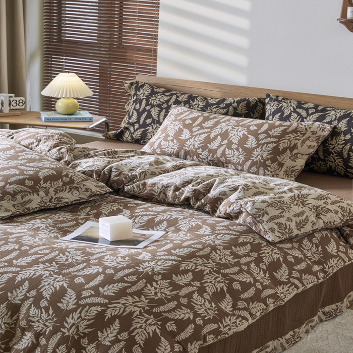 91家纺网 家纺一手货源 找家纺 2025新款全棉色织双层纱纽扣款四件套 扶苏-浅咖