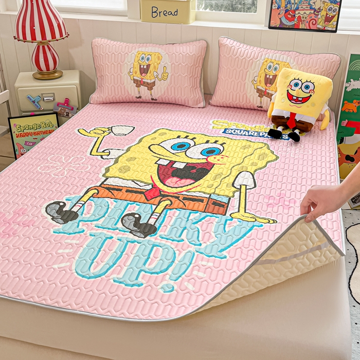 91家纺网 家纺一手货源 找家纺 金爱家 2025新款海绵宝宝乳胶凉席床席款凉席席子 床席款-爱喝海绵宝宝粉