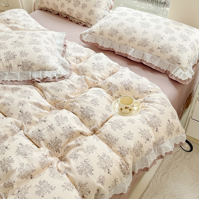 91家纺网 家纺一手货源 找家纺 晨晨家纺2025新款全棉双层花边双层纱四件套 雪莉-咖