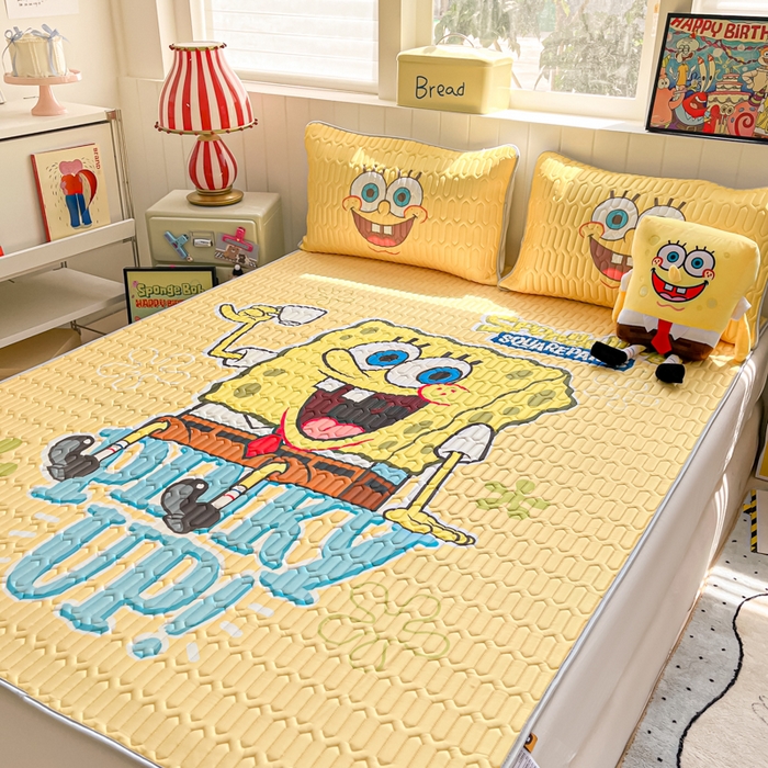 91家纺网 家纺一手货源 找家纺 金爱家 2025新款海绵宝宝乳胶凉席床席款凉席席子 床席款-咖啡海绵宝宝