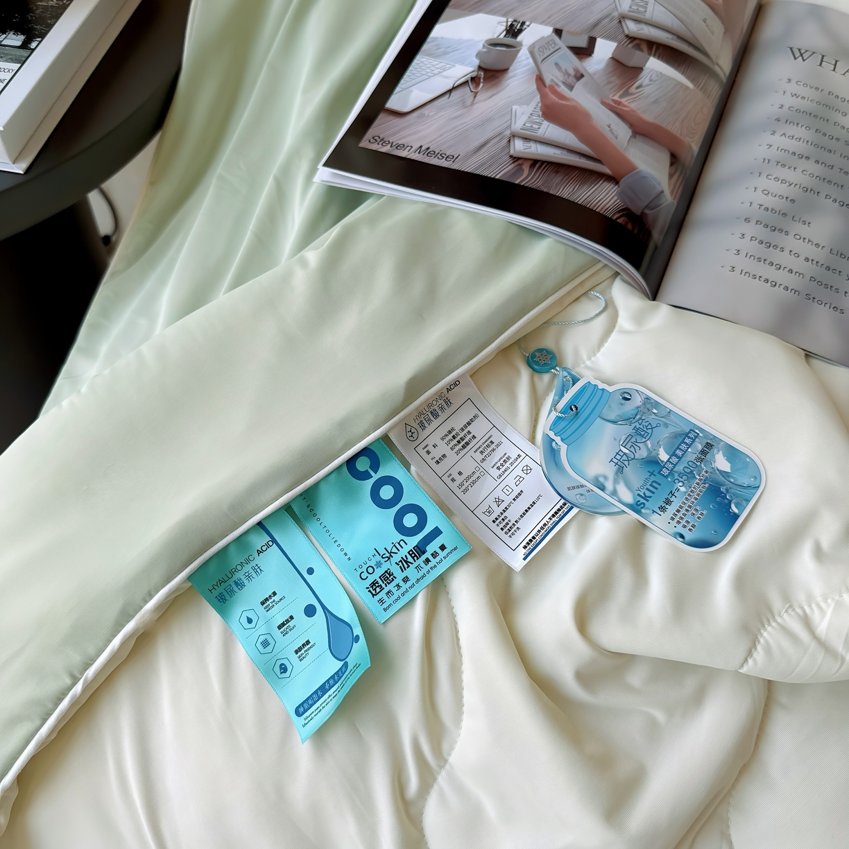 91家纺网 家纺一手货源 找家纺 兜米 2025夏季玻尿酸凉感冰皮被夏凉被空调被 米黄拼海青