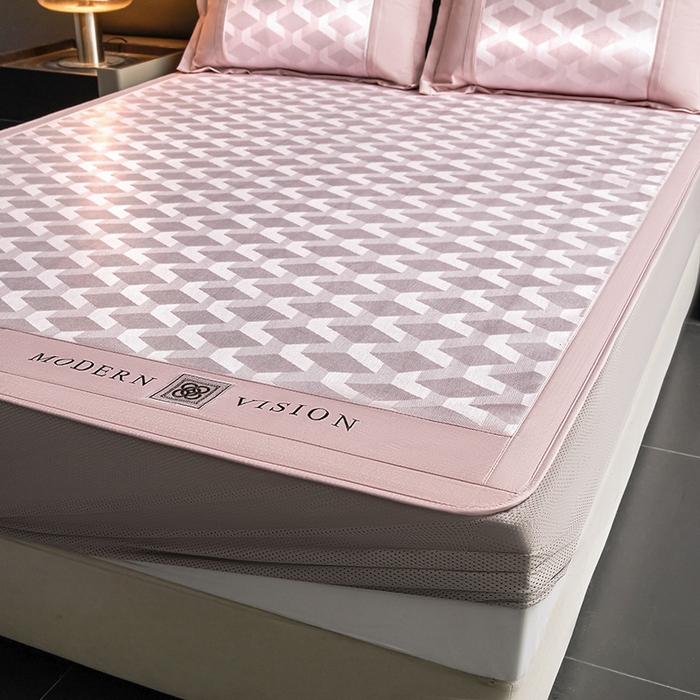 91家纺网 家纺一手货源 找家纺 全季家居 2025新款5A抗菌3D立体冰柔凉感冰丝席 菱形-淡粉 床笠款