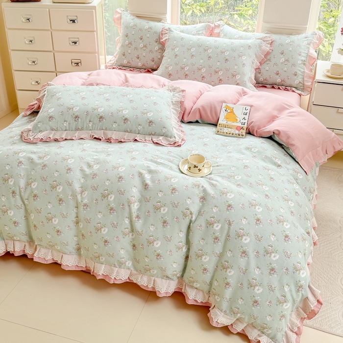 91家纺网 家纺一手货源 找家纺 晨晨家纺2025新款全棉双层花边双层纱四件套 秘密花园