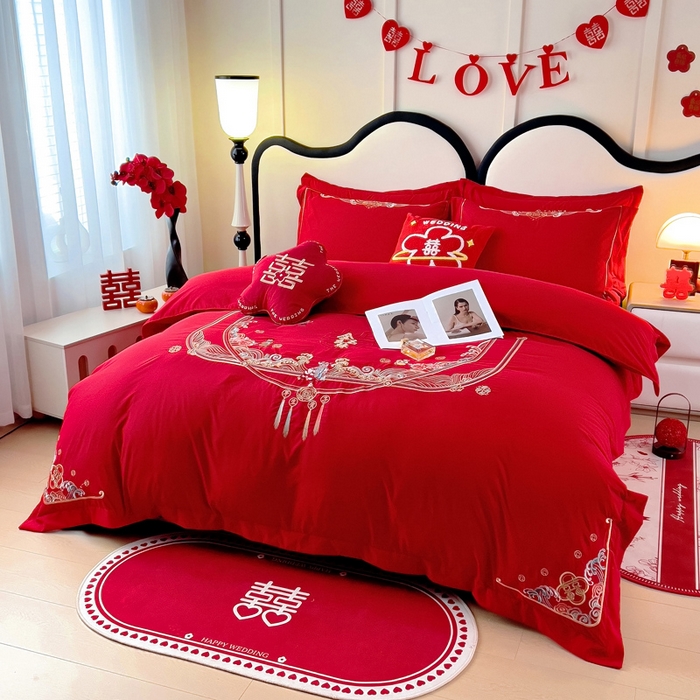 91家纺网 家纺一手货源 找家纺 2025新款100支150克双面长绒棉婚庆绣花四件套 福禄喜财