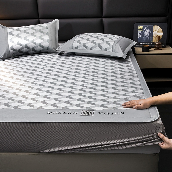 91家纺网 家纺一手货源 找家纺 全季家居 2025新款5A抗菌3D立体冰柔凉感冰丝席 菱形-银灰 床笠款