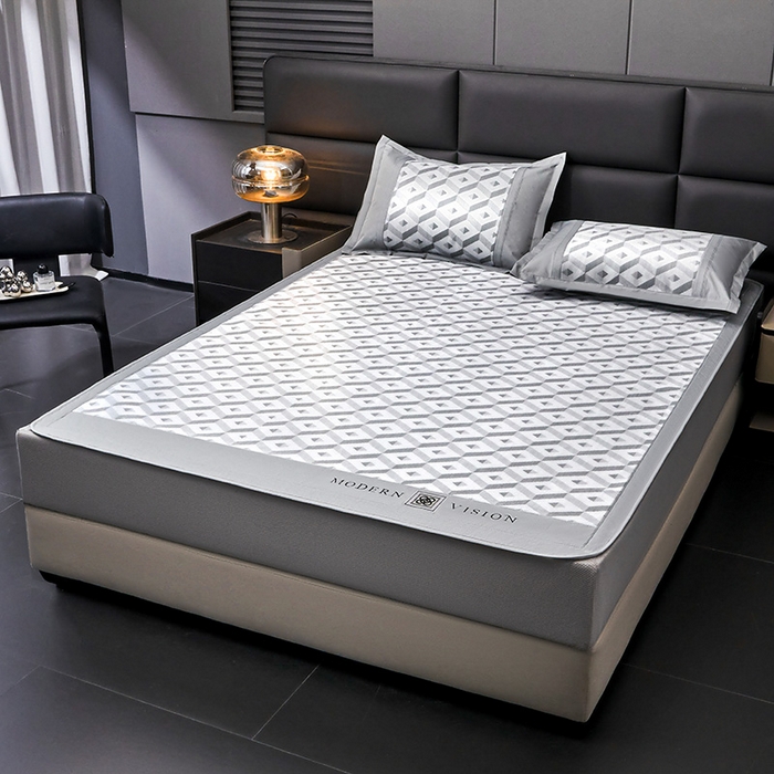 91家纺网 家纺一手货源 找家纺 全季家居 2025新款5A抗菌3D立体冰柔凉感冰丝席 格调-银灰 床笠款