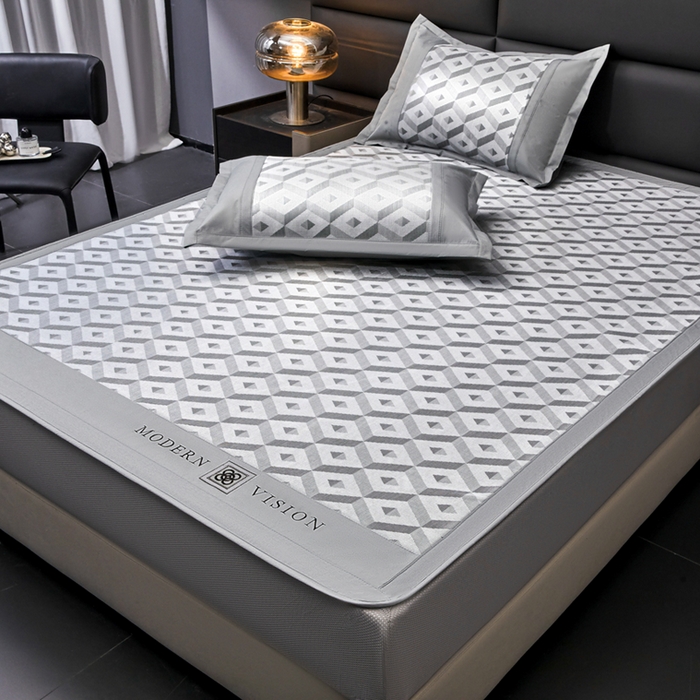 91家纺网 家纺一手货源 找家纺 全季家居 2025新款5A抗菌3D立体冰柔凉感冰丝席 格调-银灰 床笠款