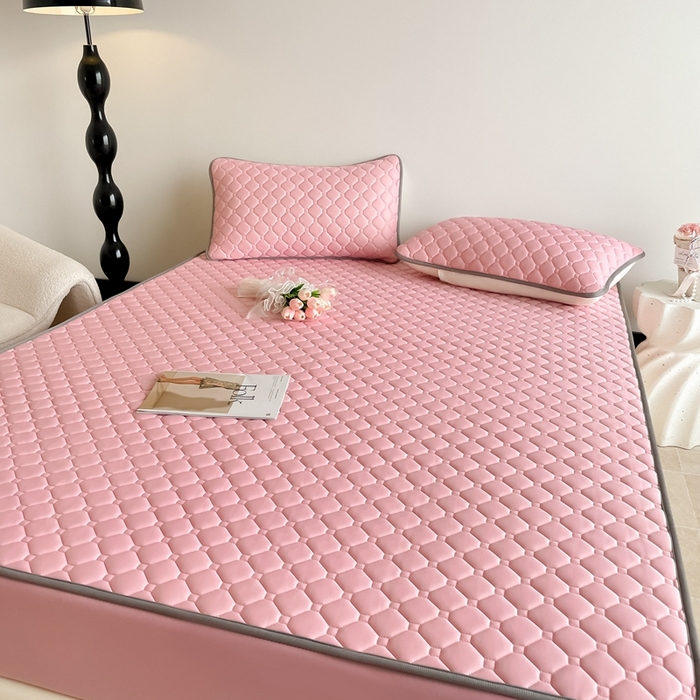 91家纺网 家纺一手货源 找家纺 2025新款加厚乳胶床笠款经典纯色夏被套件 方格-豆粉