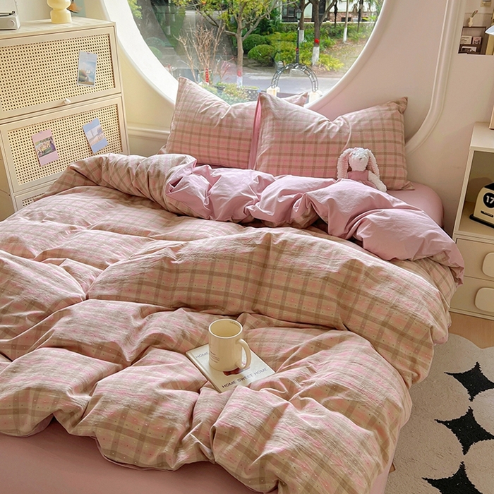 91家纺网 家纺一手货源 找家纺 田野 2025新款全棉水洗棉提花点点系列四件套 点点-粉