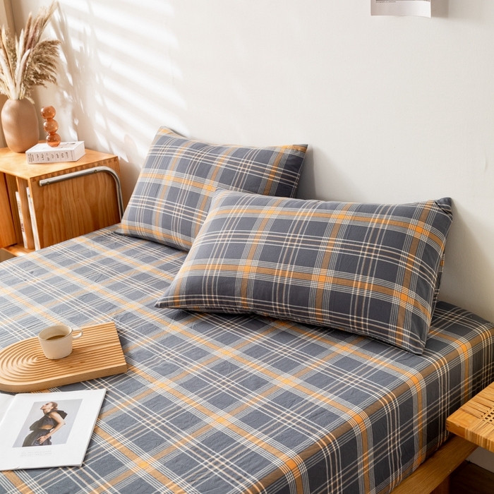 91家纺网 家纺一手货源 找家纺 2025新款A类色织水洗棉单被套 灰桔格