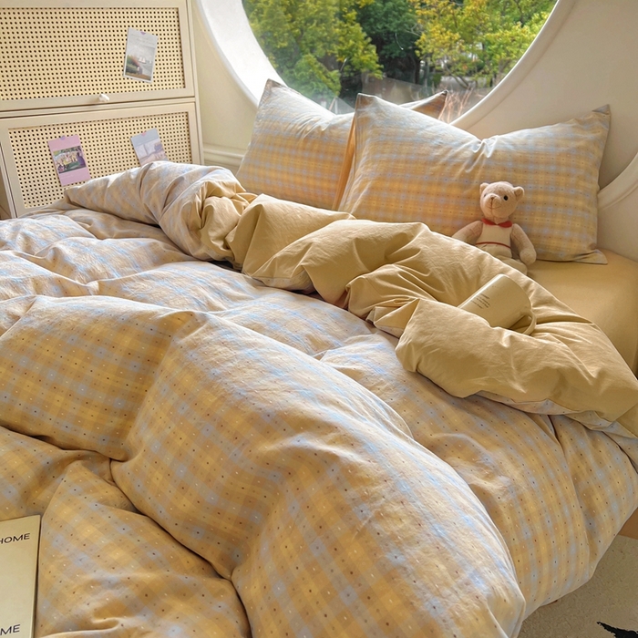 91家纺网 家纺一手货源 找家纺 田野 2025新款全棉水洗棉提花点点系列四件套 点点-兰咖