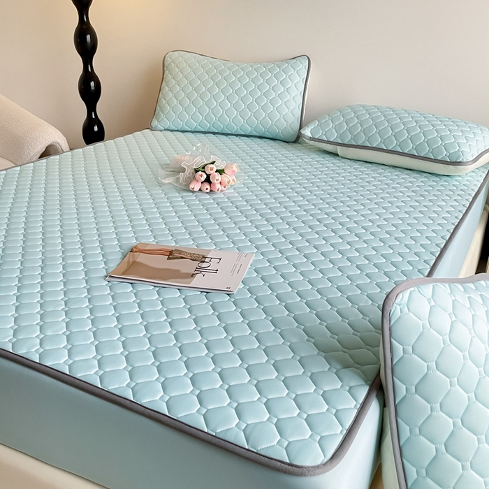 91家纺网 家纺一手货源 找家纺 2025新款加厚乳胶床笠款经典纯色夏被套件 方格-湖蓝