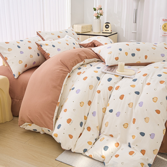 91家纺网 家纺一手货源 找家纺 蕾诺家纺 2025新款直播新款A类有氧提花云纱棉圆角吊边工艺四件套学生三件套 小南瓜