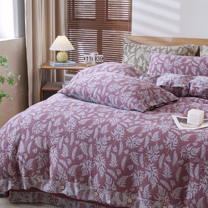 91家纺网 家纺一手货源 找家纺 2025新款全棉色织双层纱纽扣款四件套 扶苏-豆沙