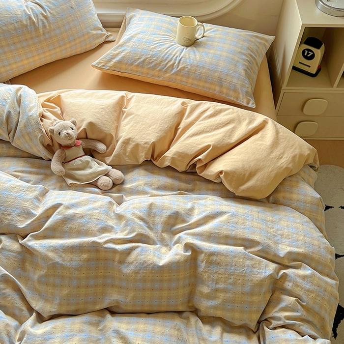 91家纺网 家纺一手货源 找家纺 田野 2025新款全棉水洗棉提花点点系列四件套 点点-兰咖