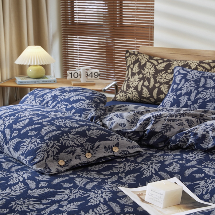 91家纺网 家纺一手货源 找家纺 2025新款全棉色织双层纱纽扣款四件套 扶苏-深兰