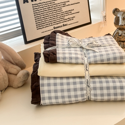 凯洛奇 2025新款1法式小清新蕾丝花边水洗棉四件套-风格二【提供买家秀】 皱皱纱花边-蓝小格