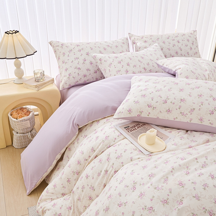 91家纺网 家纺一手货源 找家纺 蕾诺家纺 2025新款直播新款A类有氧提花云纱棉圆角吊边工艺四件套学生三件套 紫晏