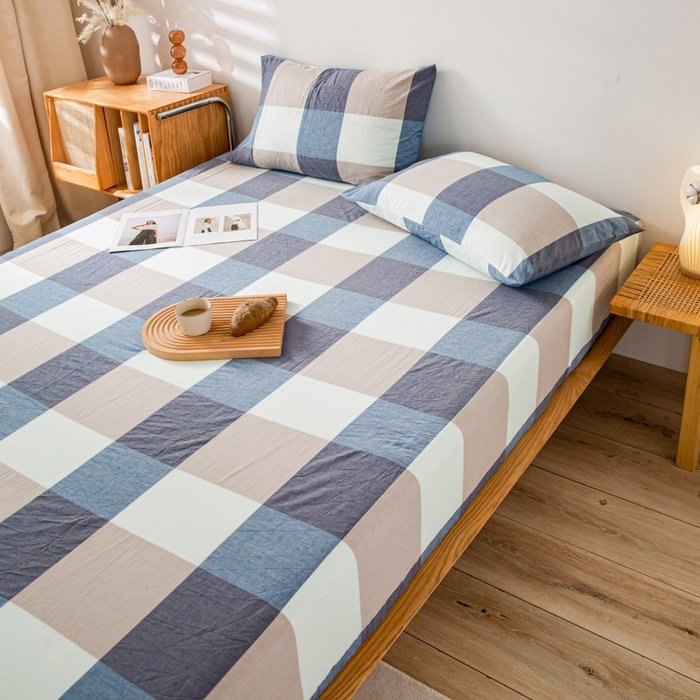 91家纺网 家纺一手货源 找家纺 2025新款A类色织水洗棉单被套 米棕丈青格