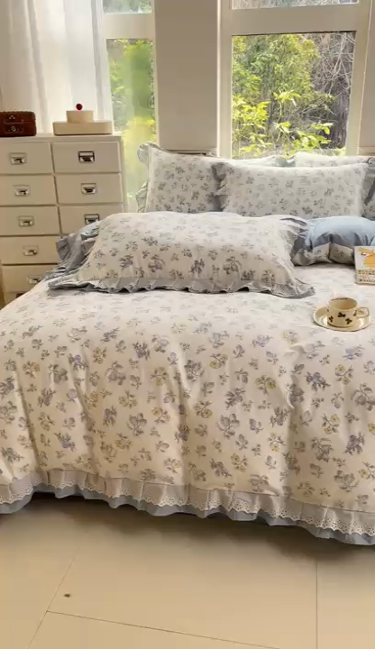 91家纺网 家纺一手货源 找家纺 晨晨家纺2025新款全棉双层花边双层纱四件套 伊甸园之梦-蓝