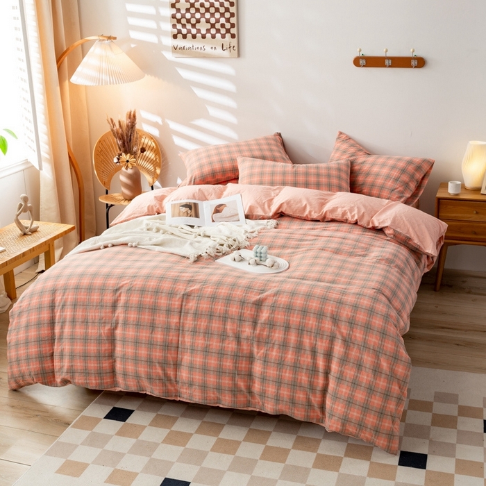 91家纺网 家纺一手货源 找家纺 2025新款A类色织水洗棉单被套 芳华粉