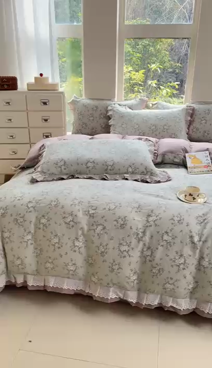 91家纺网 家纺一手货源 找家纺 晨晨家纺2025新款全棉双层花边双层纱四件套 秘密花园