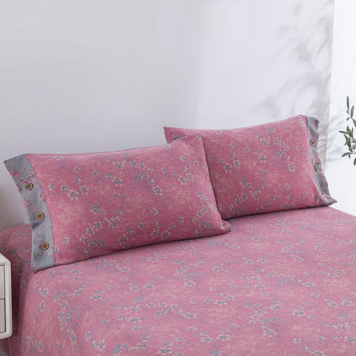 91家纺网 家纺一手货源 找家纺 2025新款全棉色织双层纱纽扣款四件套 织梦-粉