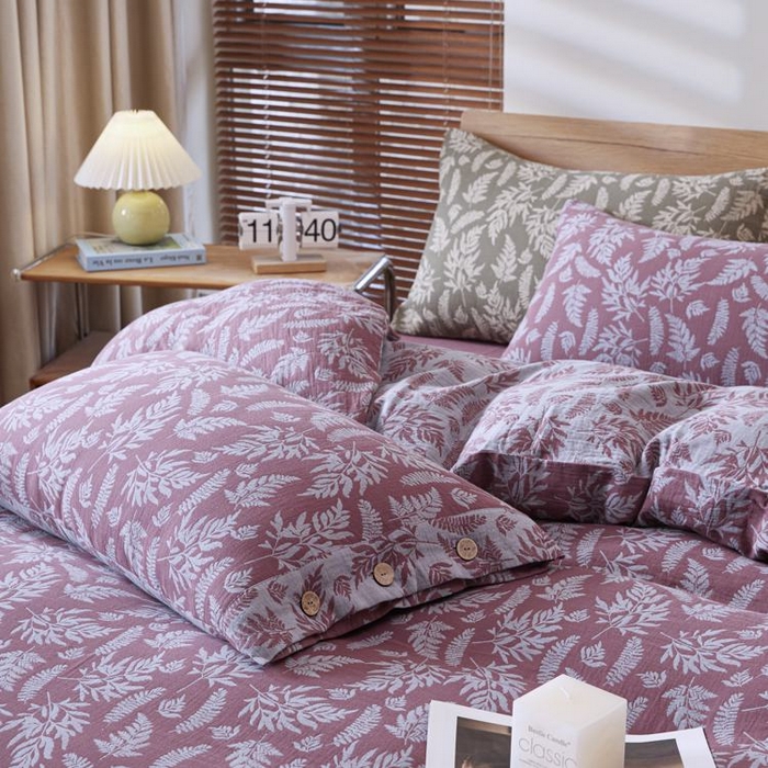 91家纺网 家纺一手货源 找家纺 2025新款全棉色织双层纱纽扣款四件套 扶苏-豆沙