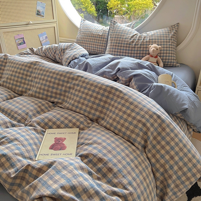 91家纺网 家纺一手货源 找家纺 田野 2025新款全棉水洗棉提花点点系列四件套 点点-深蓝