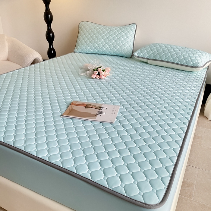 91家纺网 家纺一手货源 找家纺 2025新款加厚乳胶床笠款经典纯色夏被套件 方格-湖蓝