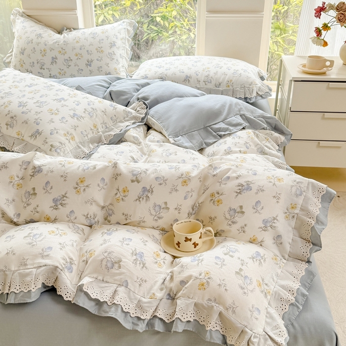 91家纺网 家纺一手货源 找家纺 晨晨家纺2025新款全棉双层花边双层纱四件套 伊甸园之梦-蓝