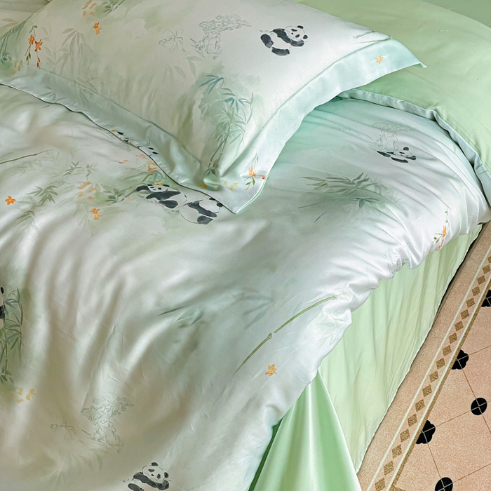 91家纺网 家纺一手货源 找家纺 棉生活家纺 2025新款天丝莱赛尔印花四件套 熊猫乐园