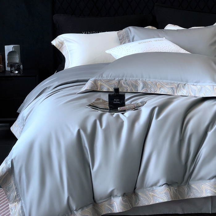 91家纺网 家纺一手货源 找家纺 馨蕊家居 2025新款100s高奢典藏简约全棉系列四件套-棉水漾 水漾-高级灰