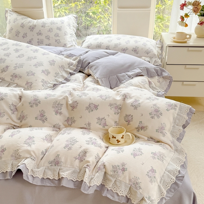 91家纺网 家纺一手货源 找家纺 晨晨家纺2025新款全棉双层花边双层纱四件套 紫香甜语